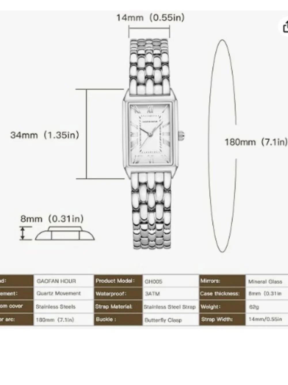Gold Watches for Women with Vintage Rectangular Case,White Roman Dial,Stainless